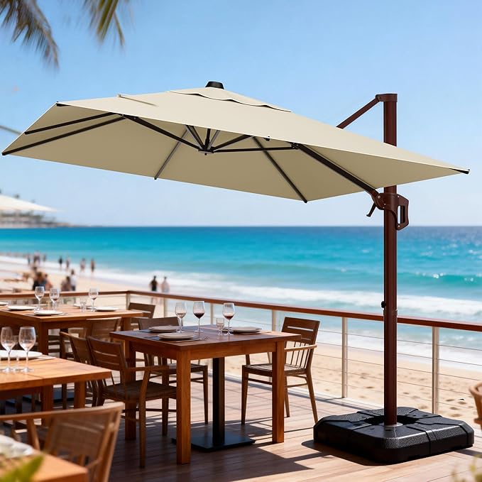 9' X 12' Cantilever Patio Umbrella Rectangle Outdoor Umbrella with Base Included, 6-Level Tilt & 360° Rotation Offset Umbrella for Garden, Deck, Pool (Beige)