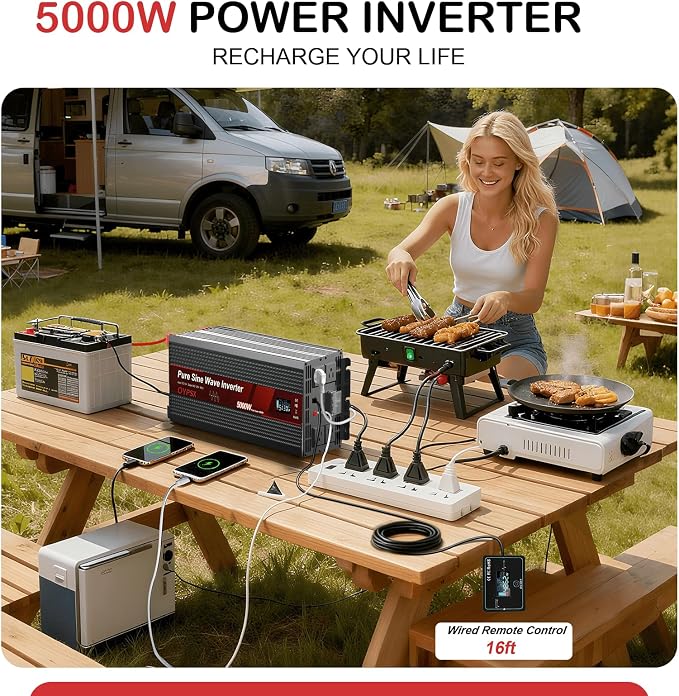 5000W Power Inverter 12V to 110V 120V AC Pure Sine Wave Inverters for RV Truck Camping,Outdoor Off-Grid Power Converter with LCD Display,Wired Controller,AC Outlets USB Ports(12V-5000Watt)