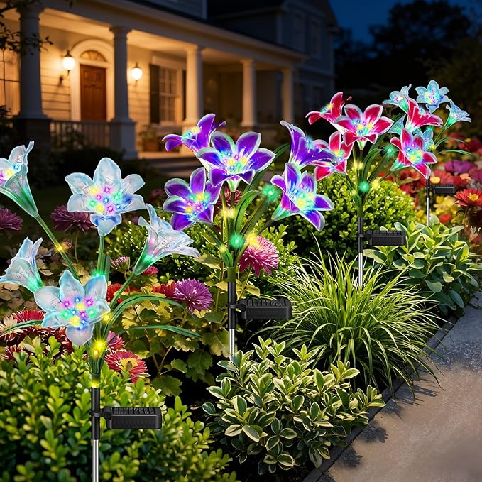 WdtPro Solar Lights Outdoor Garden Decor, 4 Pack Solar Flowers with 20-Head Colorful Lily Lights & Glowing Stems, Brighter Waterproof Decorative Garden Lights for Yard, Patio, Flower Bed, Unique Gifts