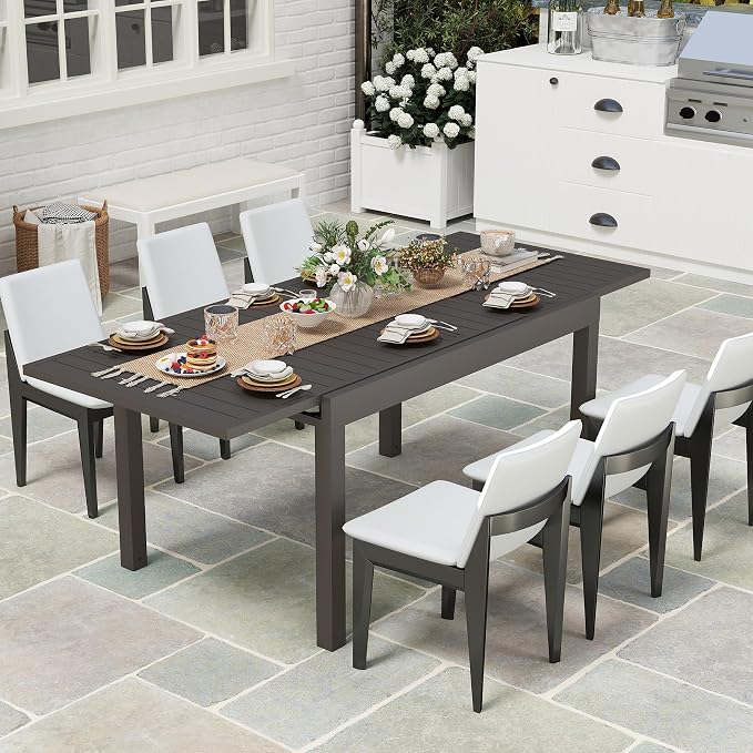 All Aluminum Expandable Patio Dining Table for 6-8 People, Extendable Outdoor Dining Room Table, All Weather Patio Furniture, Rectangular Metal Table with Adjustable Width 59"- 89", Dark Brown