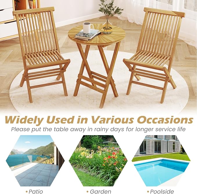 Tangkula Patio Folding Side Table, 23.5" Teak Wood Round End Table with Slatted Tabletop & X-Shaped Frame, Portable & Compact Bistro Table for Backyard, Poolside, Garden, Fully Assembled, Natural
