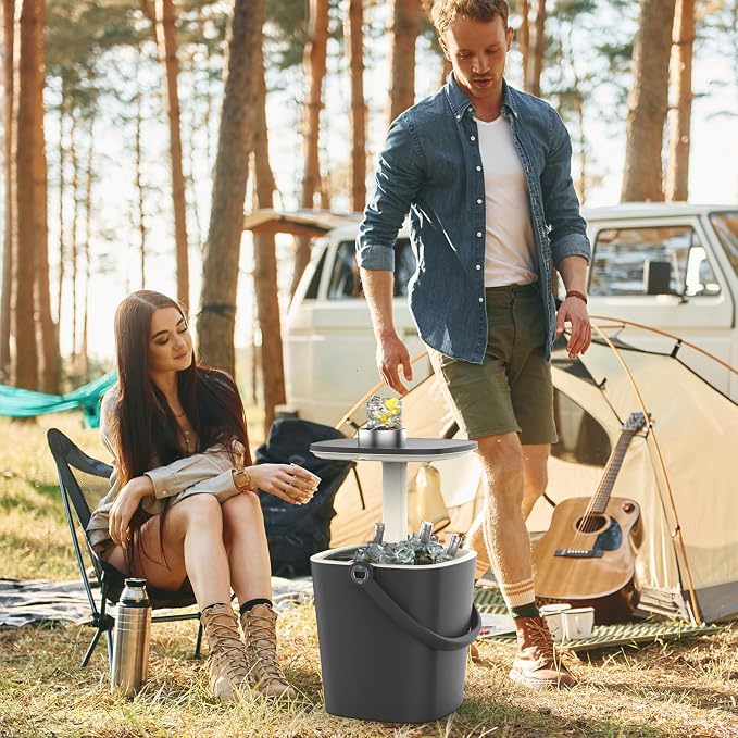 ROJIK 3-in-1 Resin Ice Bucket & Beverage Cooler – Wood Look Patio Table, UV Protection & Drain Plug for Outdoor Parties, Bars, and Poolside Use