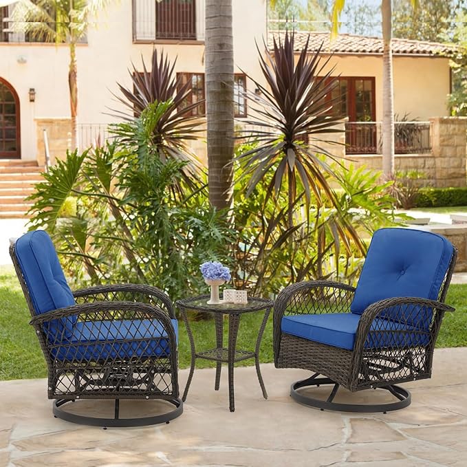 EROMMY 3 Pieces Outdoor Swivel Rocker Patio Chairs, 360 Degree Rocking Patio Conversation Set with Thickened Cushions and Glass Coffee Table for Backyard, Navy Blue