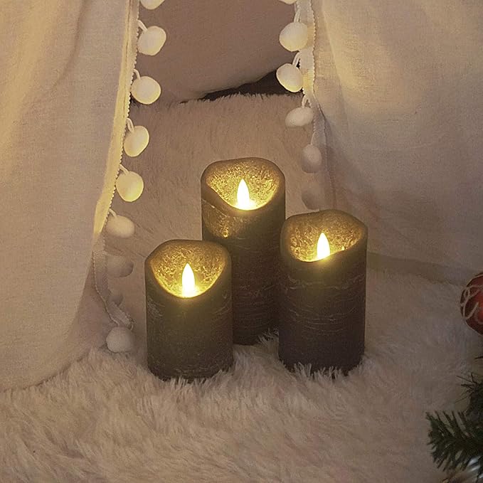 Battery Operated Flameless Candles with Remote Timer Real Wax Realistic Bright Flicker Flickering Electric Electronic LED Pillar Lights Home Wedding Party Decorations Set of 3 Rustic Texture Gray Grey