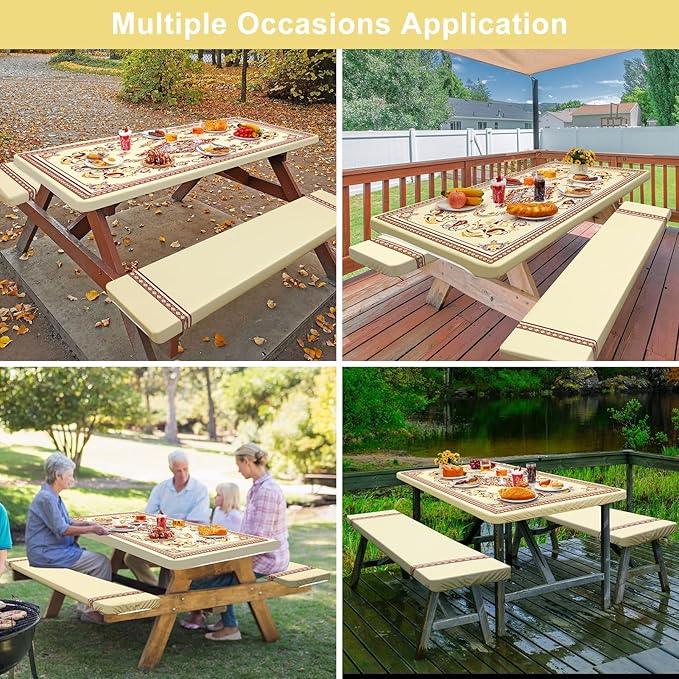 Picnic Table Cover with Bench Covers Camping Essentials Waterproof Windproof Camping Tablecloth with Drawstring Bag, Fitted Rectangle Tables and Seats, 72in, Light Brown