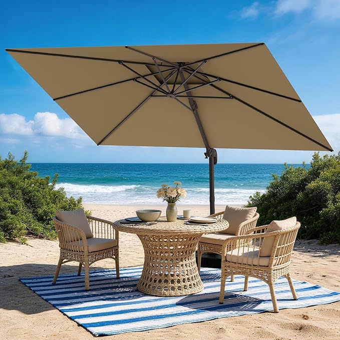 HASLE OUTFITTERS 9x12 FT Patio Cantilever Umbrella with Base, Outdoor Offset Large Rectangular Heavy Duty Double Top Umbrellas with 360° Rotation for Pool Garden Deck,Tan
