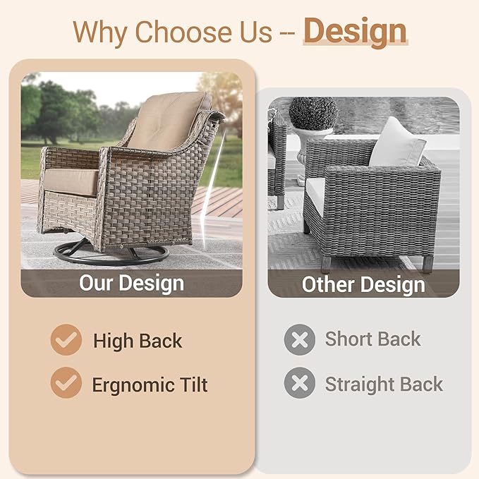 HOOOWOOO Patio Furniture Set,7 Pieces Wicker Outdoor Furniture,High Back Conversation Set with All Weather Resistant Fire Pit Table Couch Swivel Chairs Ottomans,Beige Tan