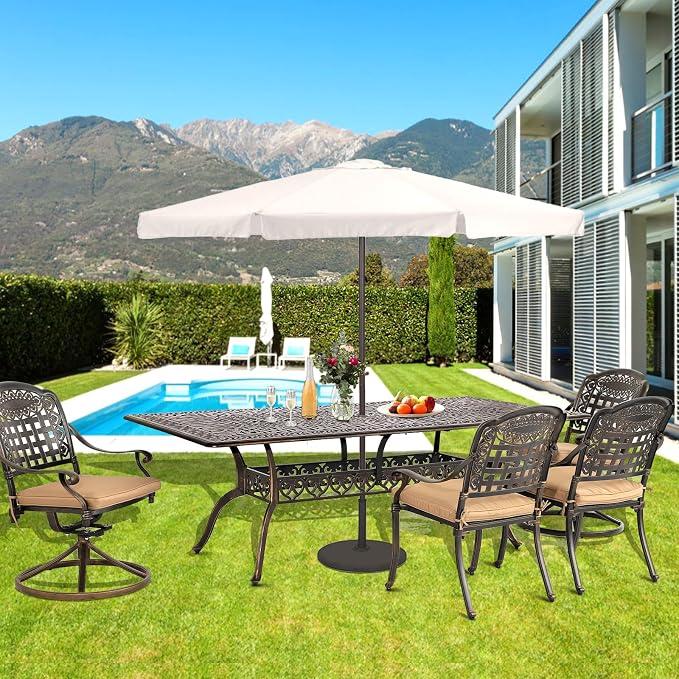 Cast Aluminum Patio Dining Table,Outdoor Dining Table for 8-10,Patio Metal Dining Table with Umbrella Hole for Backyard,Garden,Poolside (1, Rectangular)