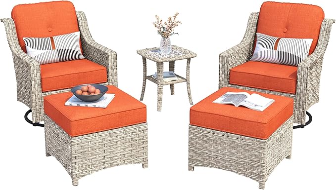 HOOOWOOO Patio Furniture Set,5 Pieces Wicker Outdoor Furniture,High Back Conversation Set with All Weather Resistant Swivel Chairs with Ottoman Side Table,Orange Red