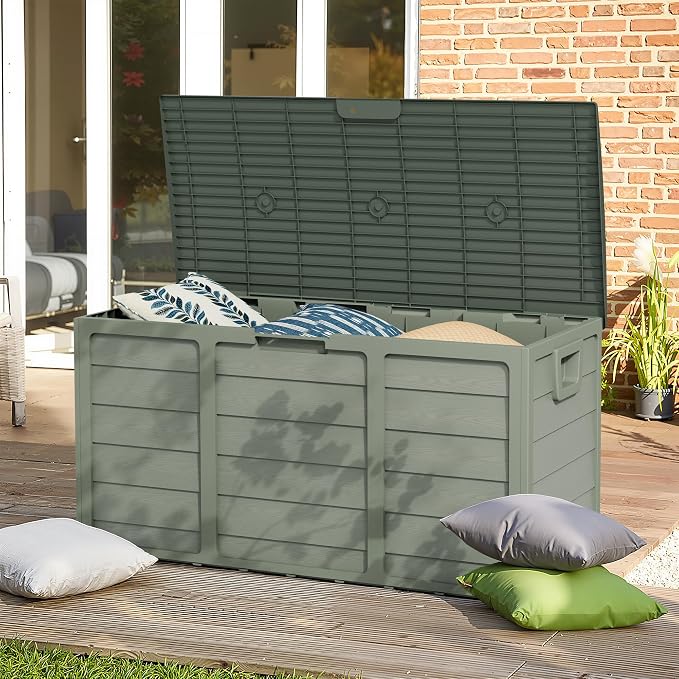Crownland Outdoor 75 Gallon Storage Deck Box, Weatherproof Woodgrain Patio Storage Box for Balcony, Garden, Backyard (Green)
