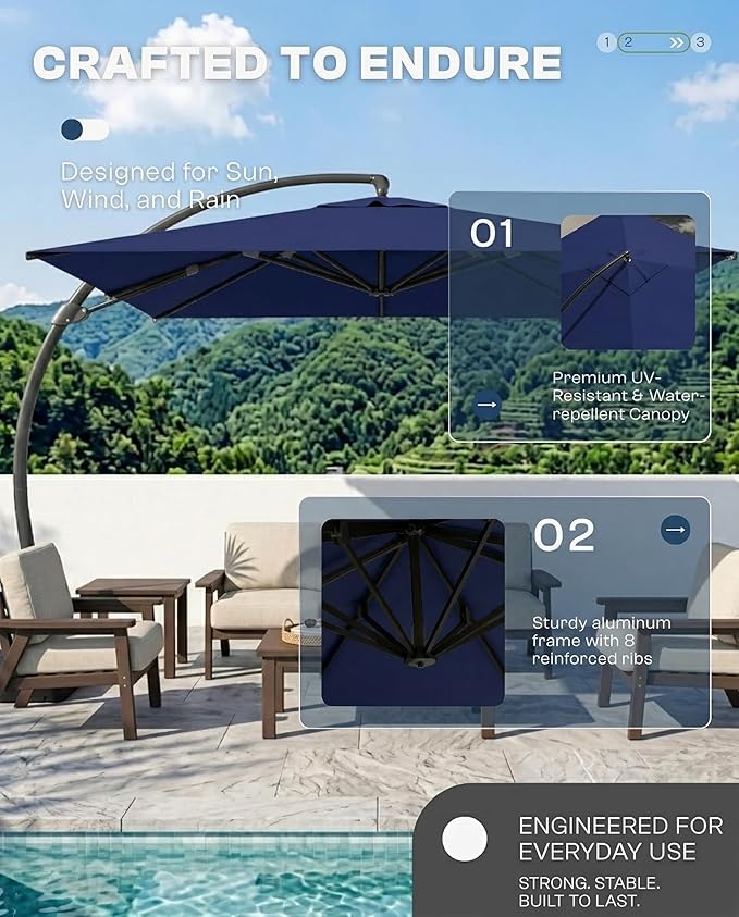 10*10 FT Cantilever Umbrella with Base Included, Large Square 360° Rotation Offset Umbrella Outdoor Patio, Heavy Duty Aluminum Frame, Sand-Weighted Stand, for Deck, Backyard, Pool, Garden (Navy Blue)