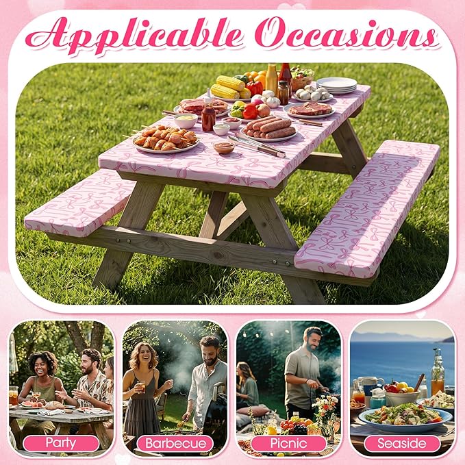 SmoothNovelty Pink Bow Picnic Table Cover with Bench Covers for 6 ft Tables, Fitted Elastic Polyester Waterproof Camping Tablecloth for Women Birthday Party Supplies Cute Patio Picnic BBQ Decor