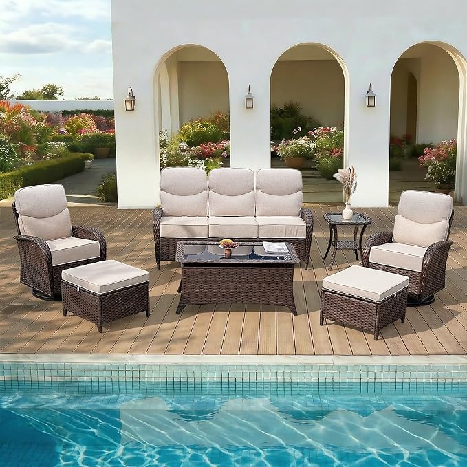 Patio Furniture Set with Luxury 6" Cushions, 7 Pieces High Back Swivel Rocking Patio Chairs, Couch and Ottoman, Outdoor Wicker Conversation Set for Deck, Porch, Backyard, Poolside, Beige