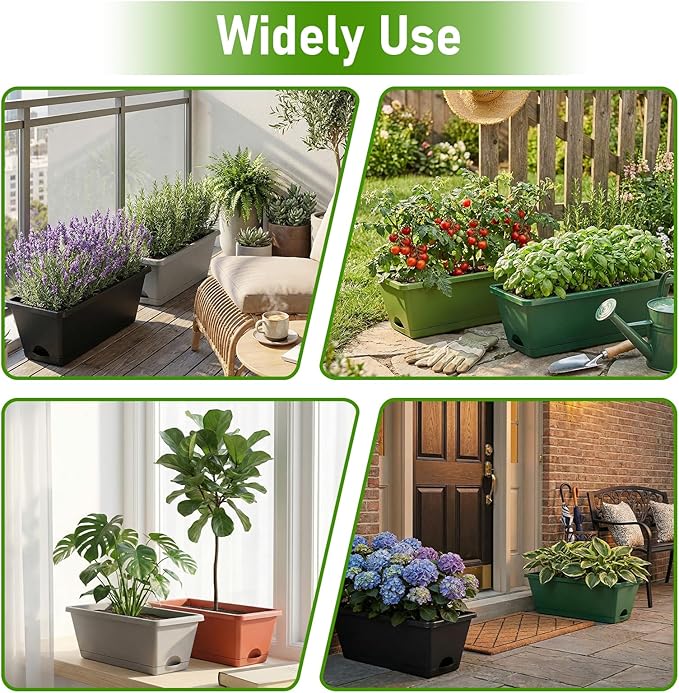 7 Pack Window Box Planters, 17 Inch Plastic Rectangular Flower Pots for Indoor/Outdoor Plants, Herbs, Vegetables, Includes Trowel, Waterproof Mat & Gloves (Brick-red)