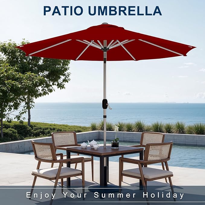 9FT Aluminum Outdoor Patio Umbrella, Fade-Resistant Market Umbrella with Push Button Tilt Function, 8 Sturdy All-Aluminum Ribs for Gardens, Patios, Backyards & Pools