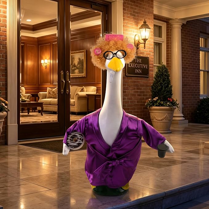 Porch Goose Robe Outfit Set for 23 Inch Goose Statue, Purple Silk Bathrobe with Wig Curlers Coffee Cup Donut Glasses, Elegant Funny Goose Clothes Decor (Purple Silk)
