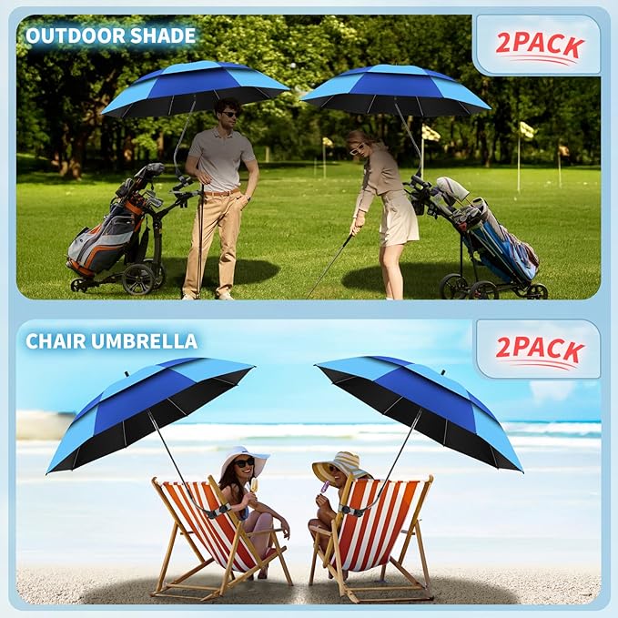 48.6" Double Canopy Beach Umbrella with Clamp, UPF50+ Beach Chair Umbrella with clip, 360°Adjustable Portable Outdoor Wheelchair, Patio, Golf Carts,Camping(Blue/Light Blue)