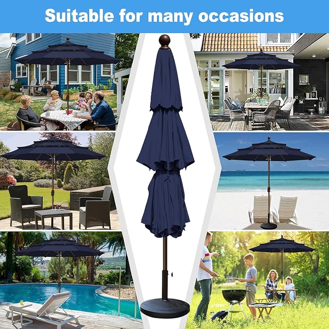 Eurmax USA 10-Year-Non-Fading 10FT 3-Tier Outdoor Patio Market Umbrella,UPF50+ UV Resistant,Heavy Duty Commercial Grade,Crank Lift Design,Windproof Vented Top for Garden,Pool,Deck,Navy Blue