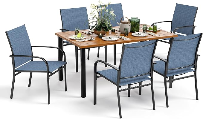 MIXPATIO Patio Table and Chairs Set, Outdoor Dining Set for 6 with Blue Chairs and Teak Color Tabletop Outdoor Dining Table, 7-Piece Patio Furniture Set for Deck Backyard Lawn