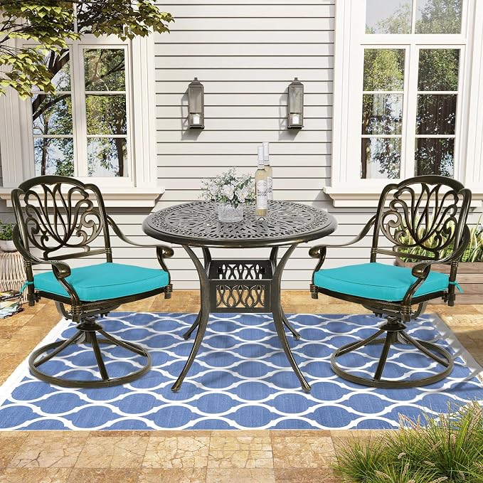 VIVIJASON 3-Piece Patio Furniture Dining Set, Outdoor All-Weather Cast Aluminum Bistro Set, Include 2 Swivel Chairs and 35.4" Round Table w/Umbrella Hole for Balcony, Lawn, Garden (Ocean Blue Cushion)