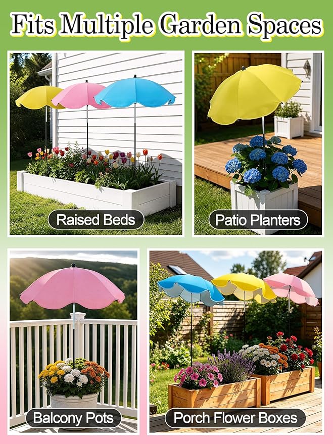 Cosweet Plant Umbrellas for Outdoor Plants with Stable 5 Prong Base & Adjustable Angle Height - 26" Larger UV-Resistant Garden Umbrella Shade, Easy Install for Raised Bed Potted Flowers