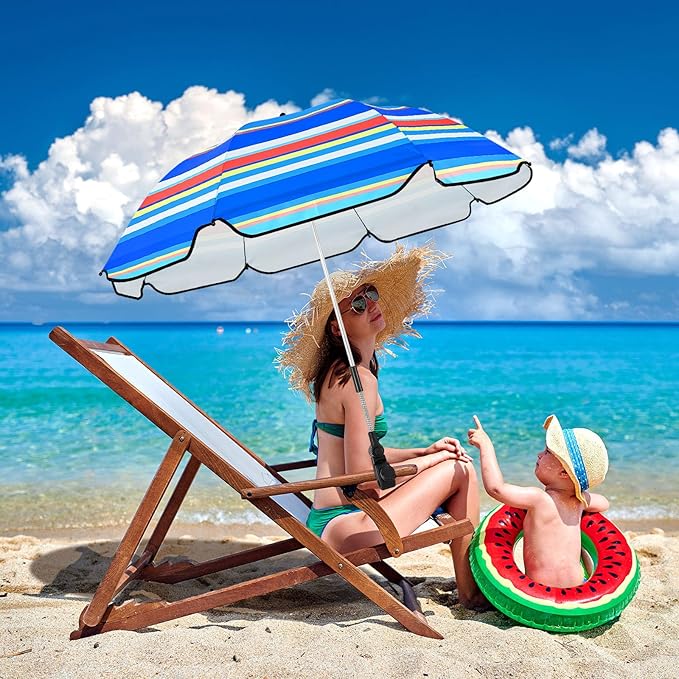 Buryeah 2 Pcs Beach Chair Umbrella Automatic with Universal Adjustable Clamp 44" UPF 50+ Portable Clamp on Beach Chair for Wheelchair Patio Golf Carts Camping