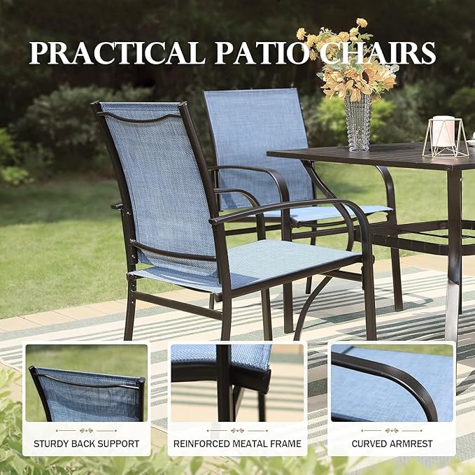 HERA'S HOUSE Outdoor Dining Set, Rectangle Metal Table with Double Umbrella Hole and 6 Armrest Chairs, Patio Table and Chairs for Backyard Garden Porch Deck (Blue)