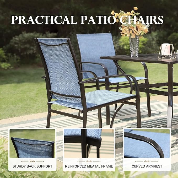 HERA'S HOUSE 7pc Outdoor Patio Dining Set, Wood-Look Metal Table, Blue | 64" rectangular table with umbrella hole, 6 textilene chairs. Waterproof, rust-resistant, all-weather for backyard, porch