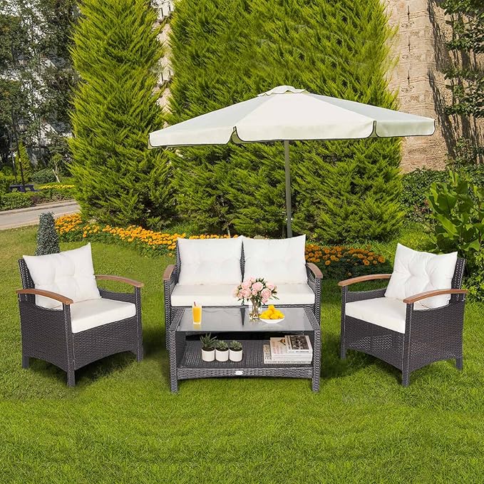 Tangkula 4 Piece Patio Rattan Conversation Set, Outdoor Wicker Sofa Set W/2-Layer Coffee Table, Backrest & Seat Cushions, Acacia Wood Curved Armrests, Suitable for Poolside, Backyard, Deck (1, White)