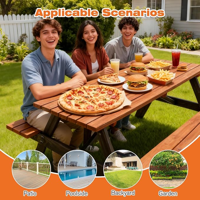 Hohuqeri Picnic Table Bench Set for 8 Persons, 6FT Large Camping Table, Wood Outdoor Dining Beer Table Set with 2” Umbrella Hole, for Patio Lawn Garden (Brown & Black)