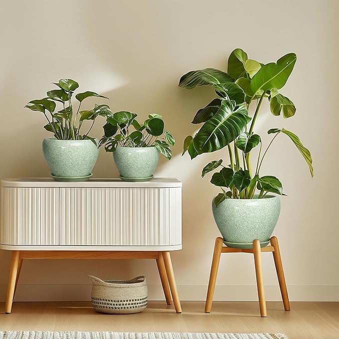 10 Inch Planter - Ceramic Plant Pots for Indoor Outdoor Plants, Indoor Pots for Plants with Drainage Hole and Saucer, Round Planter, Room Decor, Gifts for Plant Lovers, Crackle Light Green