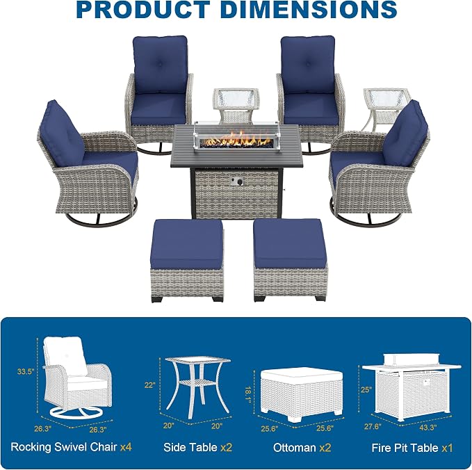 9-Piece Small Patio Furniture Set, Outdoor Swivel Rocking Chairs Set with 55,000 BTU Fire Pit Table Wicker Chairs and Ottomans, Patio Bistro Set for Balcony, Deck, Porch, Navy Blue