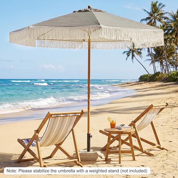 HAPPYGRILL 7 FT Patio Umbrella with Fringe, Outdoor Tassel Umbrella w/Sun-Protective Polyester Canopy, Wood-like Aluminum Pole, Air Vent, Boho Market Table Umbrella for Beach Backyard Poolside