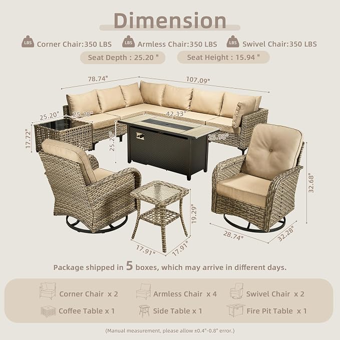 CAODOC 11-Piece Outdoor Sectional Sofa Set w/ 54" Fire Pit – L-Shaped Wicker Patio Furniture, Deep Seating & Swivel Rockers,Beige