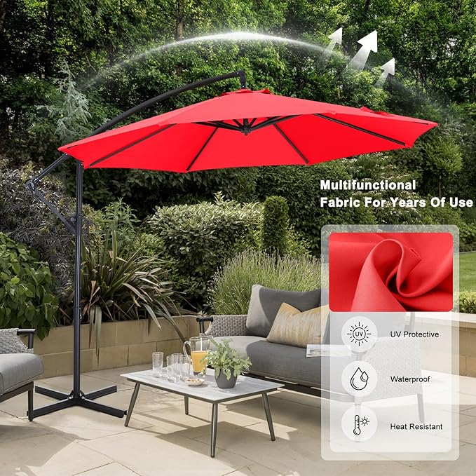 ABCCANOPY 9FT Cantilever Patio Umbrella with base included, 360° Rotation Outdoor Offset Umbrella for Backyard, Deck, Poolside (Red)
