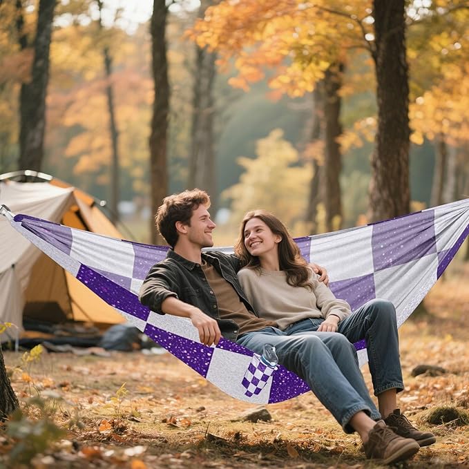 Fake Glitter Checkerboard Squares White Purple 330lb Capacity Camping Hammock Portable Hammock for Camping Travel Accessories hamacas para Deck