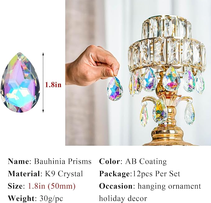 12 Pieces 50mm Crystal Prisms Chandelier Colorful Bauhinia Ornament Pendant | Rainbow Maker Hanging Prisms Suncatchers for Wedding Party Christams Tree Garlands Decoration DIY Jewelry