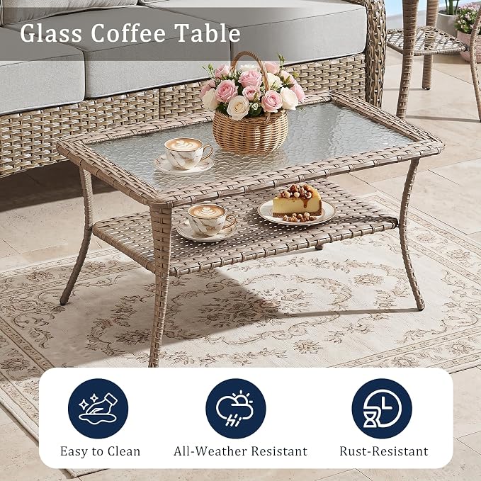 Luxury High Back Outdoor Furniture with 6-Inch Thick Cushions, Patio Furniture Set with Swivel Chairs, 6 PCS Wicker Conversation Set for Porch, Balcony, Deck and Yard