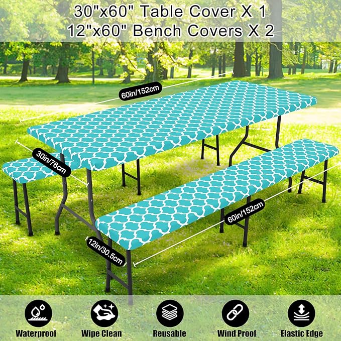 Smiry Picnic Table Cover with Bench Covers, Waterproof Elastic Fitted Tablecloth for 5 Foot Tables, Washable Polyester Tablecloths for Camping, Indoor & Outdoor (Teal, 30x60 Inch 3-pc Set)