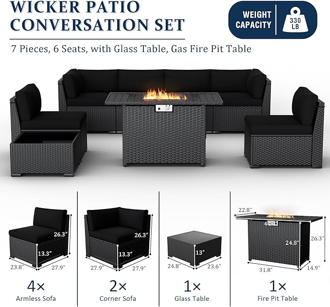 8 Pieces Outdoor Patio Furniture Set with 44" Fire Pit Table Black Rattan Sectional Conversation Sets w/Gas Fire Pit, Coffee Table, 1 Waterproof Covers, Black