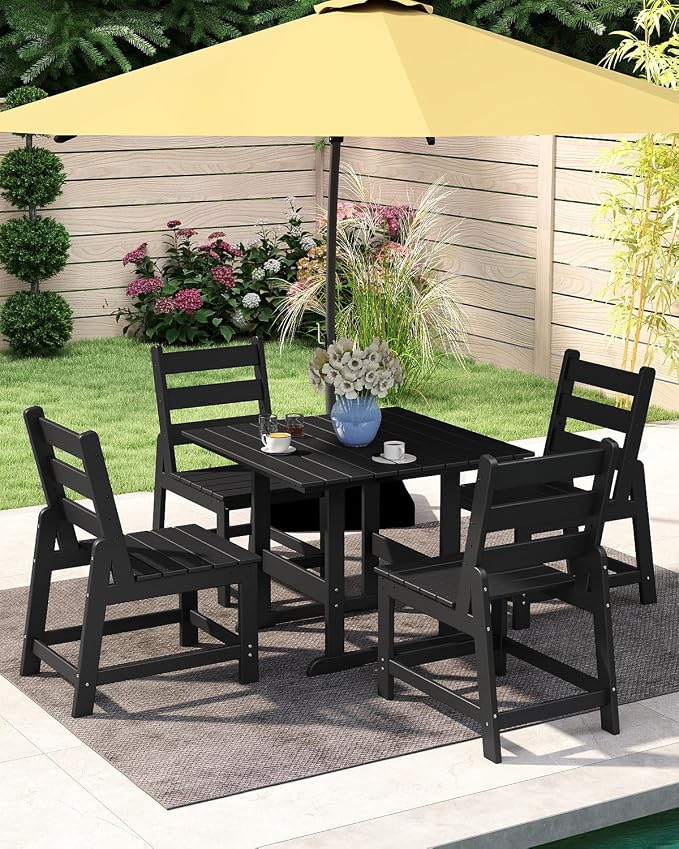 GREENVINES 5-Piece-Outdoor-Dining-Set | HDPE | Square | Patio Furniture | All Weather | Armless Chair | Slatted Table and Chairs Sets for 4 | for Backyard Poolside Garden | Black