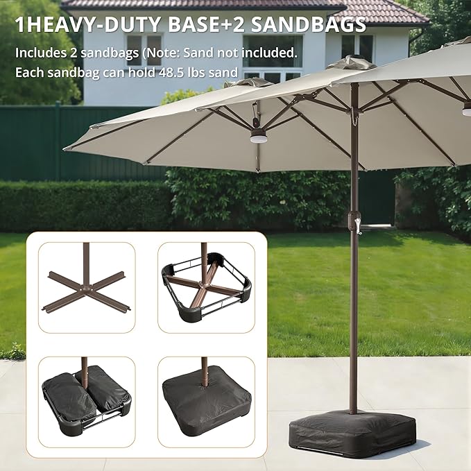 15ft Large Patio Umbrellas with Base & Solar Lights,Outdoor Rectangle Double-Sided Market Umbrella with Stand & 38 LED Lights,Outside Umbrellas for Poolside Deck Backyard (Light Grey)