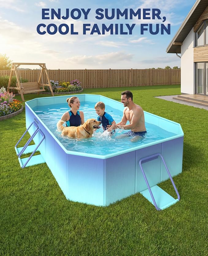 HeySplash Foldable Pool, Non-Inflatable Swimming Pool with Rigid Puncture-Proof Hard Composite Board, Kiddie Pool Outdoor Pool, Adults & Kids Pool for Backyard Garden Dog Pool 78"×53"×19", Ice Blue