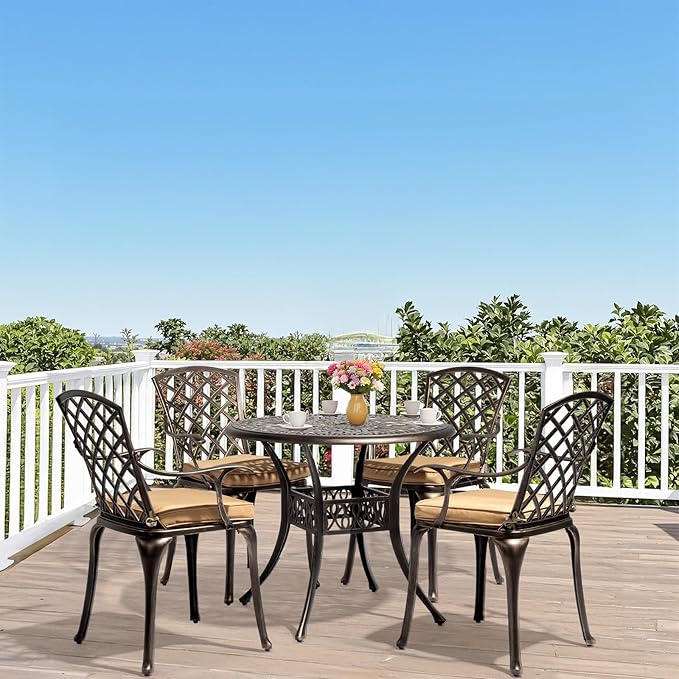 VINGLI 5-Piece Outdoor Patio Dining Set, Cast Aluminum All-Weather Outdoor Table and Chairs w/Cushion, Outdoor Furniture Set w/Umbrella Hole for Backyard Deck Poolside (Round, Grid Back)