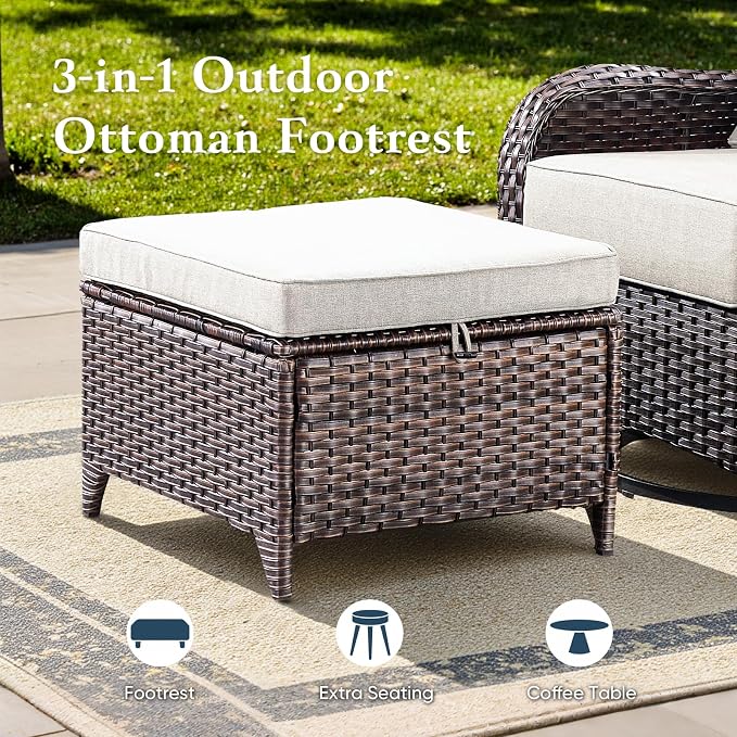Belord Luxury 6" Thick Cushioned 11 Pieces Patio Furniture Set with Fire Pit Table, Wicker Outdoor Conversation Set with High Back Swivel Rocker Chairs for Deck Porch Yard and Poolside - Brown+Beige