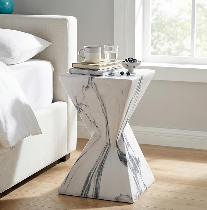 Merax 18.5" H Modern Outdoor Concrete Side Table, Patio End Table with Sculptural Fluted Design, Weather-Resistant Geometric Minimalism Accent Table for Garden, Balcony & Poolside, Marble