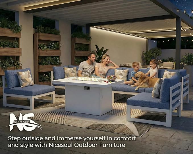 NICESOUL 15 Piece Extra Large Aluminum Outdoor Furniture Set with Firepit, Luxury Patio Sectional with Coffee Table, 500lbs Sturdy Comfortable Couch Sofa Conversations for Outside Garden, Denim Blue