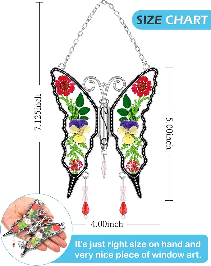 KY&BOSAM Pressed Flowers Butterfly Suncatcher Stained Glass Window Hanging | DIY Gift for Women Wind Chimes Ornament,Metal Frame & Dried Flowers in Glass,Mothers Day Gifts for Mom,Birthday,Christmas