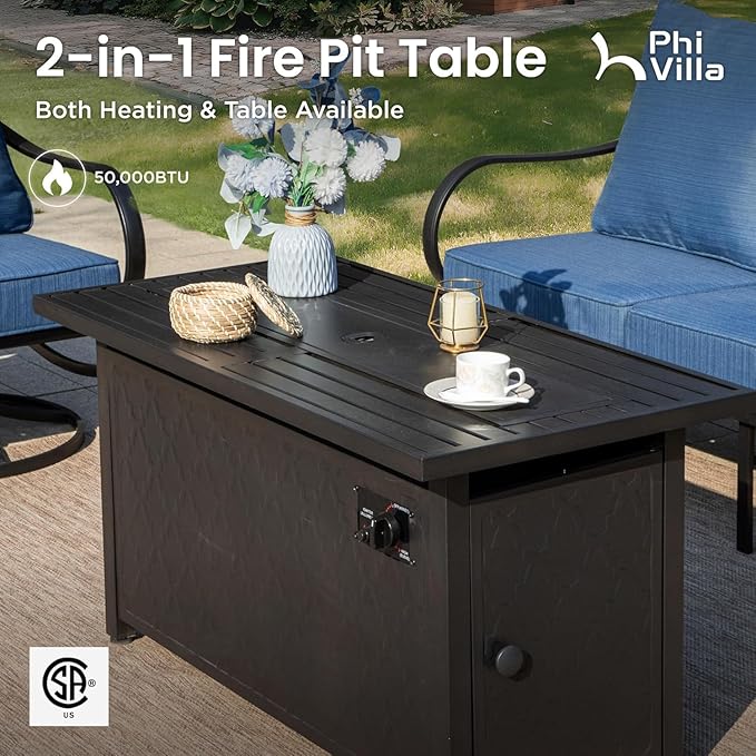 PHI VILLA 6 Pieces Patio Furniture Set with Firepit Table, 3-Seat Metal Outdoor Sofa, 2 x Swivel Sofa Chairs & 2 Ottomans, 5.75" Thick Cushioned Patio Conversation Set Backyard Furniture, Peacock Blue