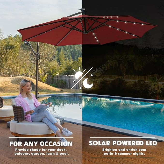 wikiwiki 10ft Solar LED Offset Patio Umbrella, Outdoor Cantilever Patio Umbrellas with Solor Lights for Backyard, Poolside and Garden, Easy Tilt Adjustment, Polyester Shade, Bright Red